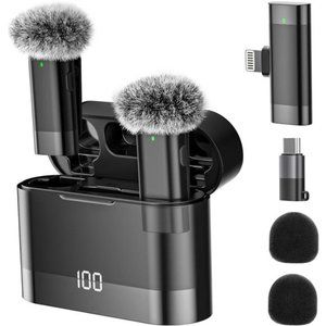 Wireless Lavalier Microphone, 2-in-1 Plug-Play Mic Windshield with Charging Case